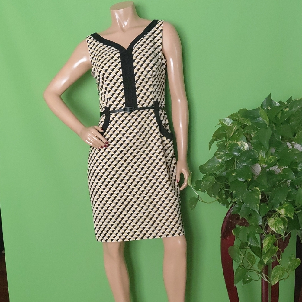London Times Black & Cream Geometric Pencil Skirt Dress, Sz. 8
